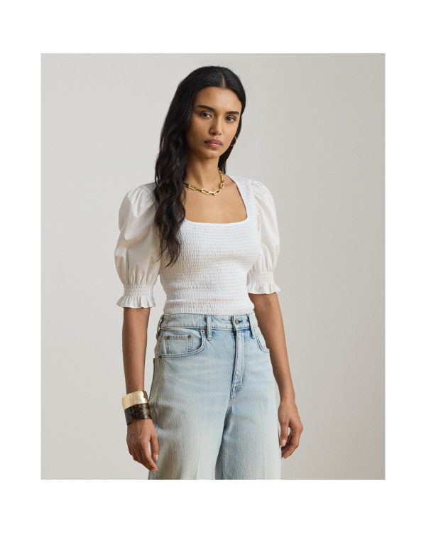 Ralph Lauren Smocked Cotton Jersey Puff-Sleeve Top