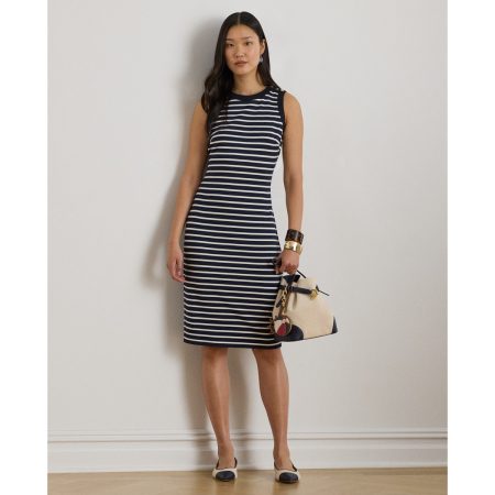 Ralph Lauren Striped Snap-Trim Ponte Sheath Dress