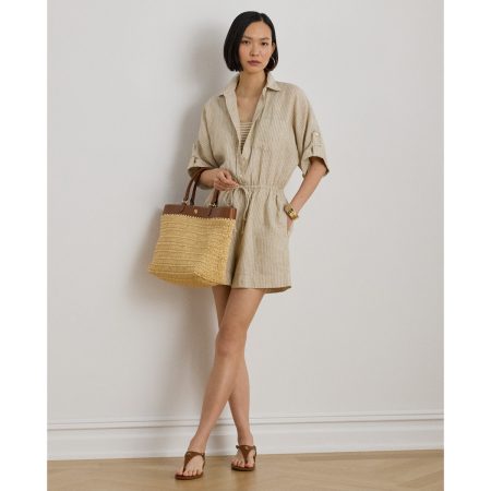 Ralph Lauren Striped Linen Roll-Tab-Sleeve Romper
