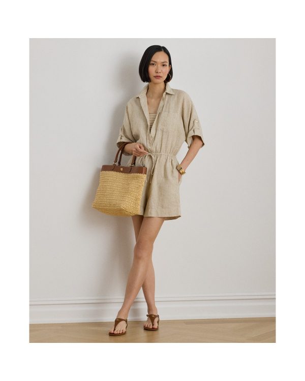 Ralph Lauren Striped Linen Roll-Tab-Sleeve Romper