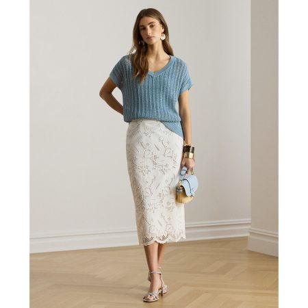Ralph Lauren Paisley-Eyelet Cotton Midi Pencil Skirt