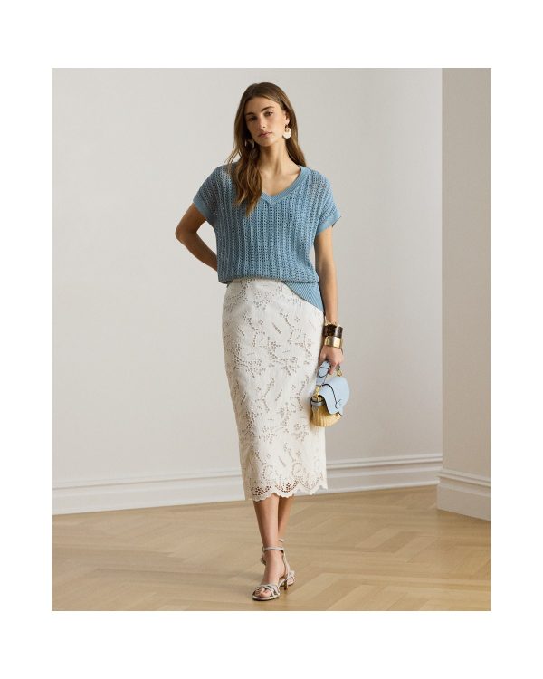 Ralph Lauren Paisley-Eyelet Cotton Midi Pencil Skirt
