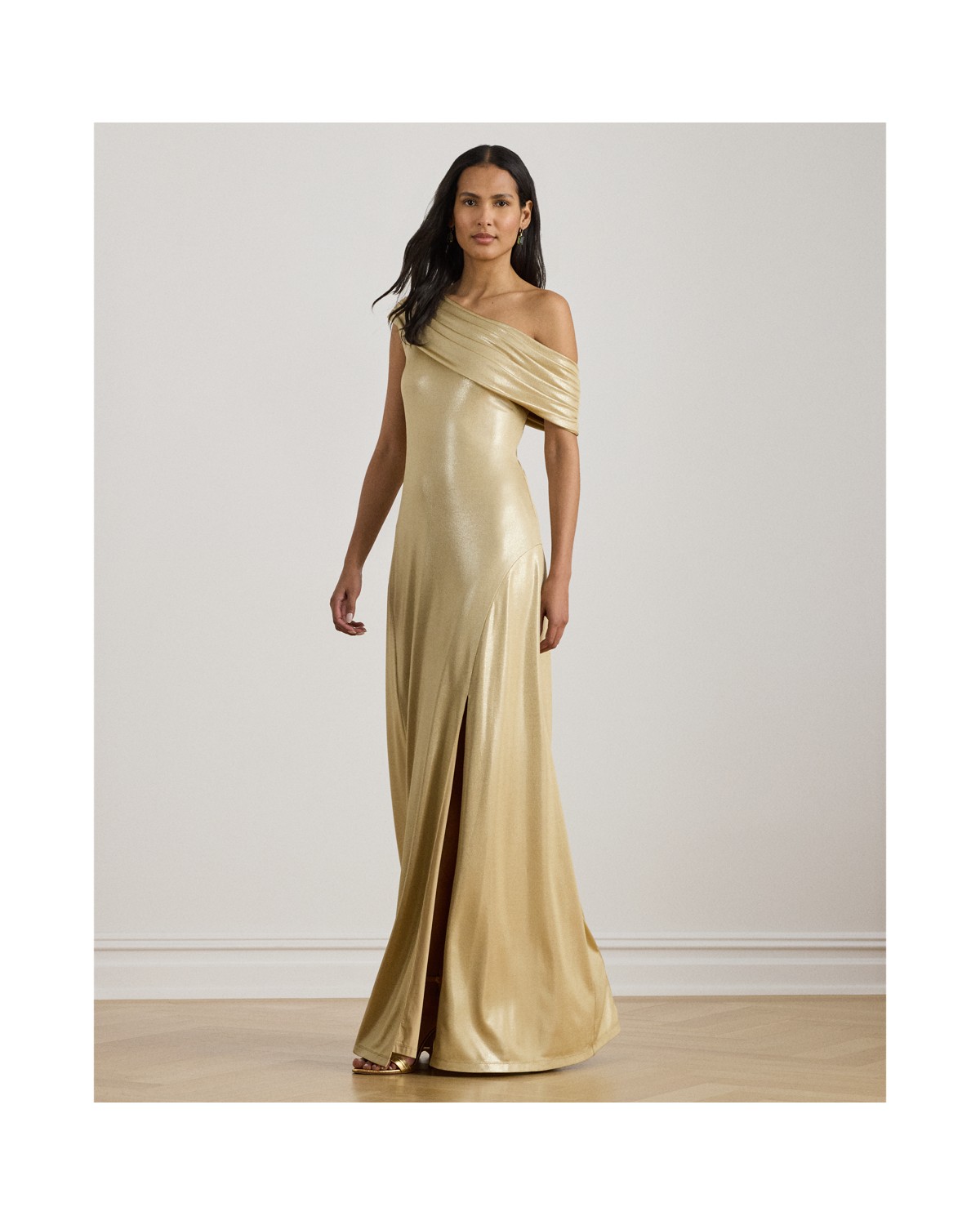 Ralph Lauren Metallic Jersey Off-the-Shoulder Gown