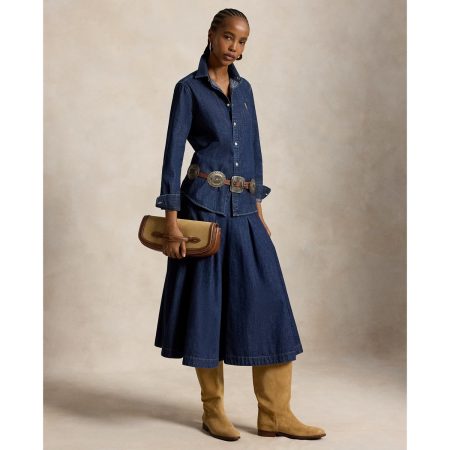 Ralph Lauren Pleated Denim Midi Skirt