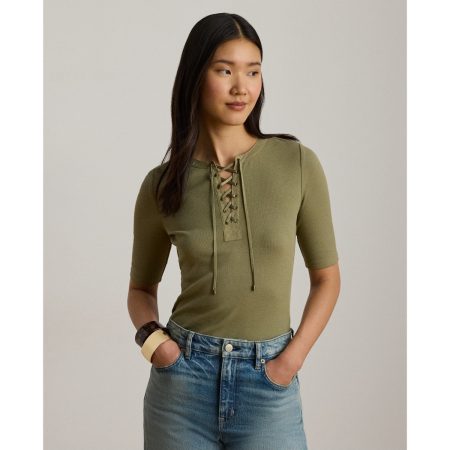 Ralph Lauren Lace-Up Ribbed Elbow-Sleeve Tee