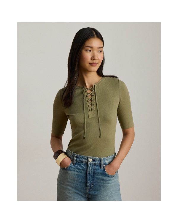 Ralph Lauren Lace-Up Ribbed Elbow-Sleeve Tee
