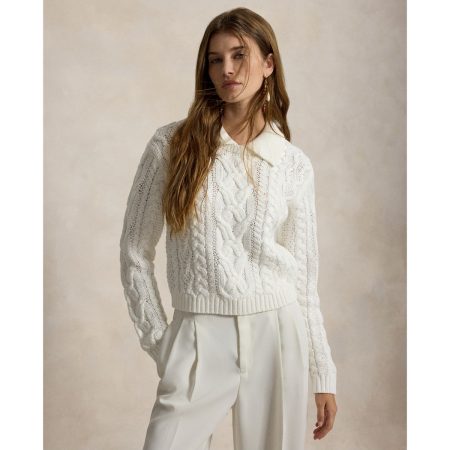 Ralph Lauren Aran-Knit Cotton Polo-Collar Sweater