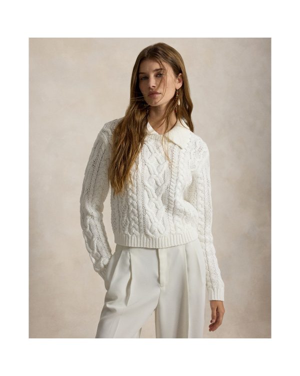 Ralph Lauren Aran-Knit Cotton Polo-Collar Sweater