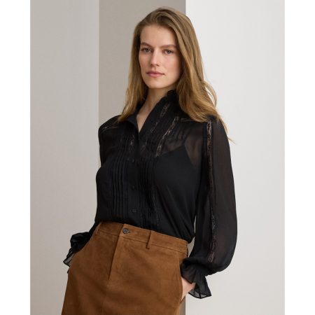 Ralph Lauren Lace-Trim Crinkle Georgette Blouse