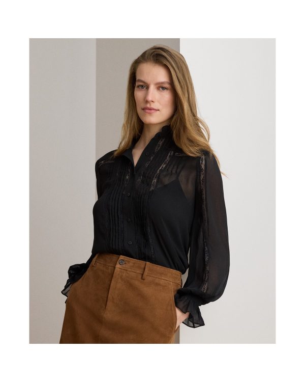 Ralph Lauren Lace-Trim Crinkle Georgette Blouse