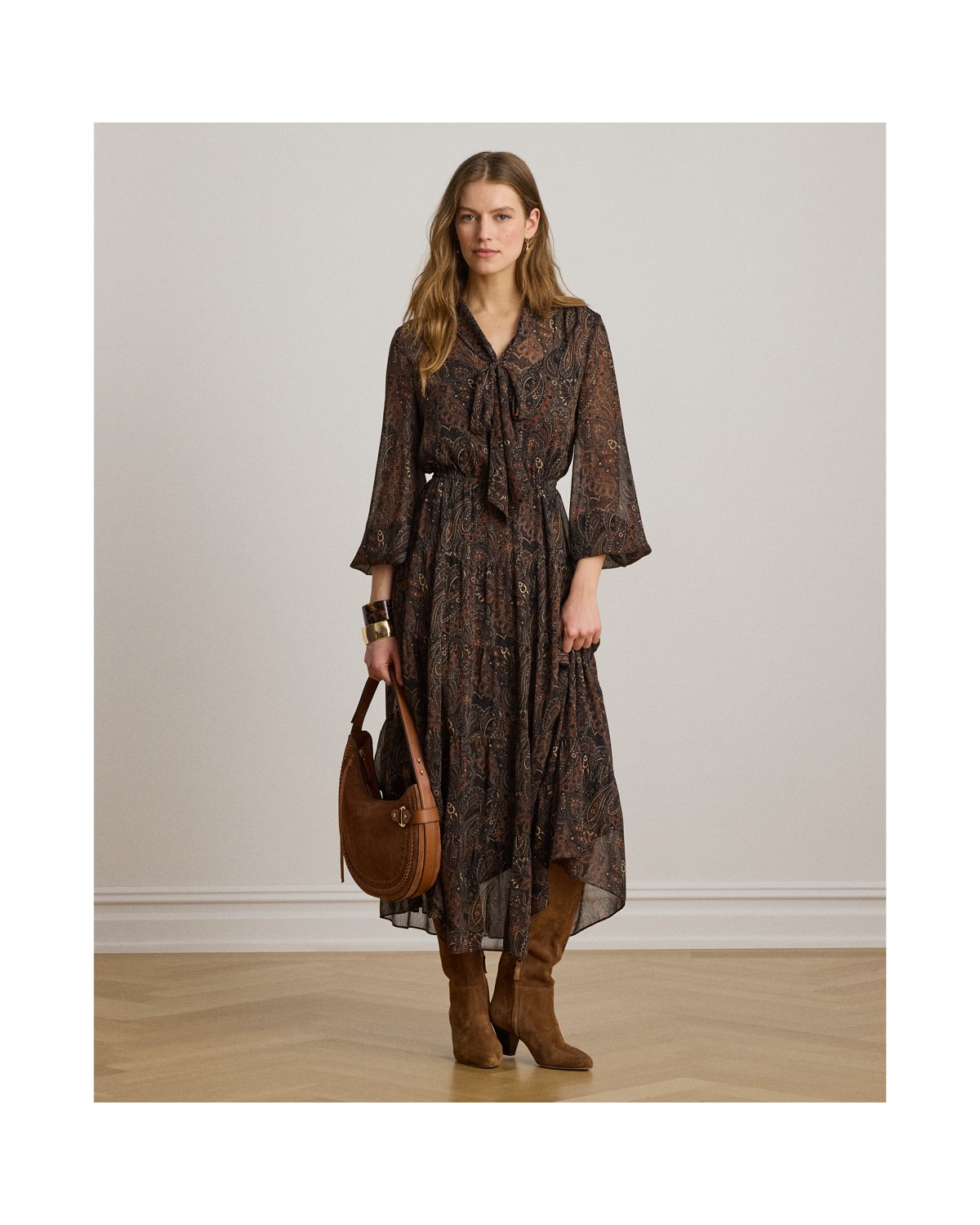 Ralph Lauren Paisley Georgette Tie-Neck Tiered Dress