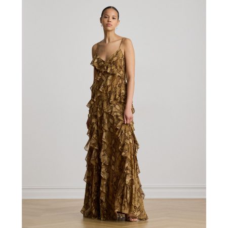 Ralph Lauren Python-Print Ruffle-Trim Georgette Gown