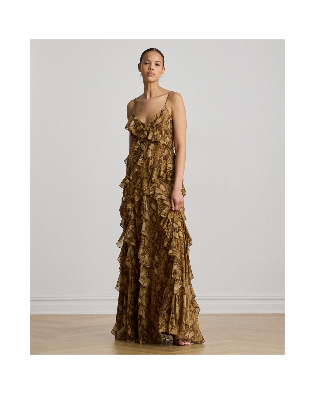 Ralph Lauren Python-Print Ruffle-Trim Georgette Gown