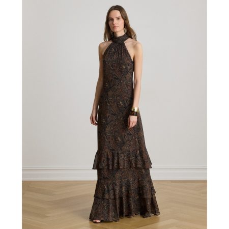 Ralph Lauren Paisley Georgette Tiered Mockneck Gown