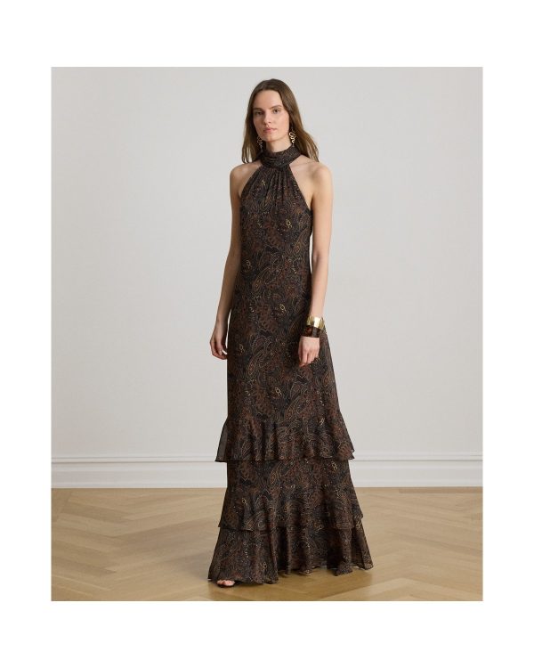 Ralph Lauren Paisley Georgette Tiered Mockneck Gown