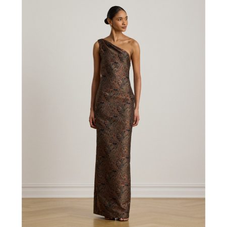 Ralph Lauren Paisley Jacquard One-Shoulder Gown