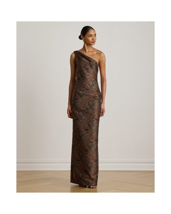 Ralph Lauren Paisley Jacquard One-Shoulder Gown