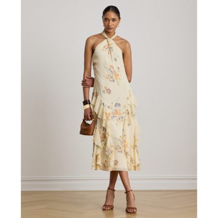Ralph Lauren Floral Ruffle-Trim Halter Cocktail Dress