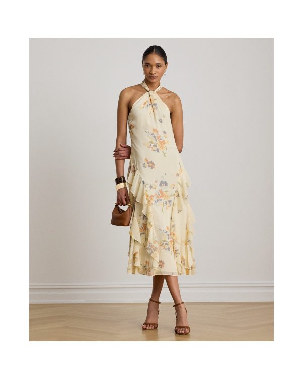Ralph Lauren Floral Ruffle-Trim Halter Cocktail Dress