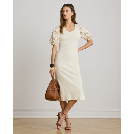 Ralph Lauren Rib-Knit Cotton Eyelet-Puff-Sleeve Dress