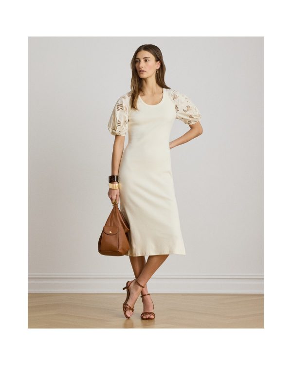 Ralph Lauren Rib-Knit Cotton Eyelet-Puff-Sleeve Dress