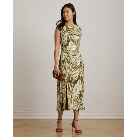 Ralph Lauren Palm-Frond-Print Jersey Cowlneck Dress