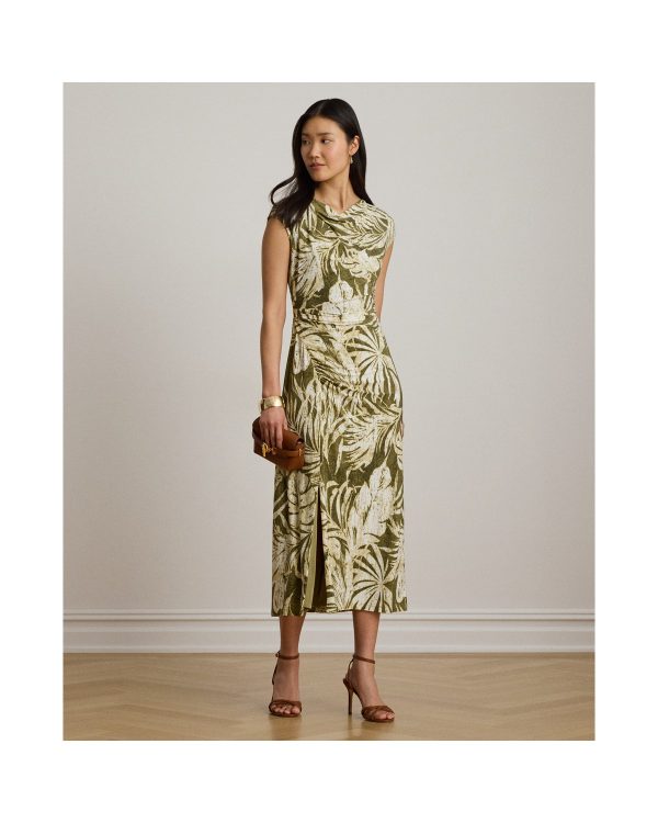 Ralph Lauren Palm-Frond-Print Jersey Cowlneck Dress