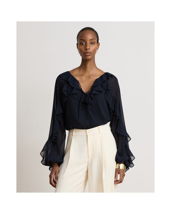 Ralph Lauren Ruffle-Trim Crinkle Georgette Blouse