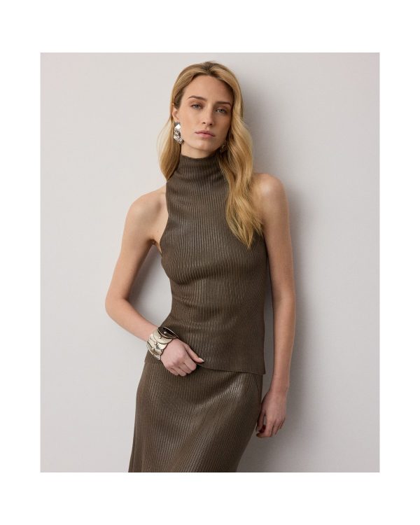 Ralph Lauren Foiled Rib-Knit Mockneck Sweater