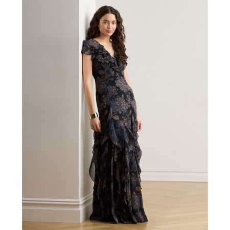 Ralph Lauren Floral Ruffle-Trim Georgette Gown