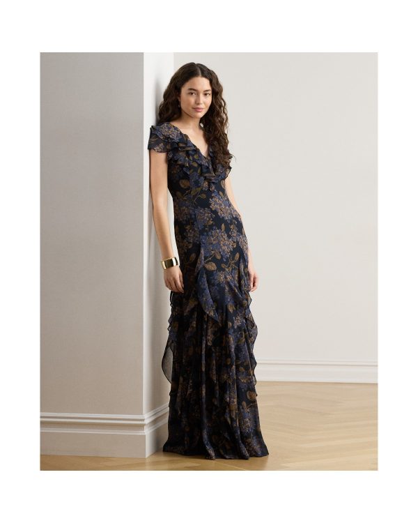Ralph Lauren Floral Ruffle-Trim Georgette Gown
