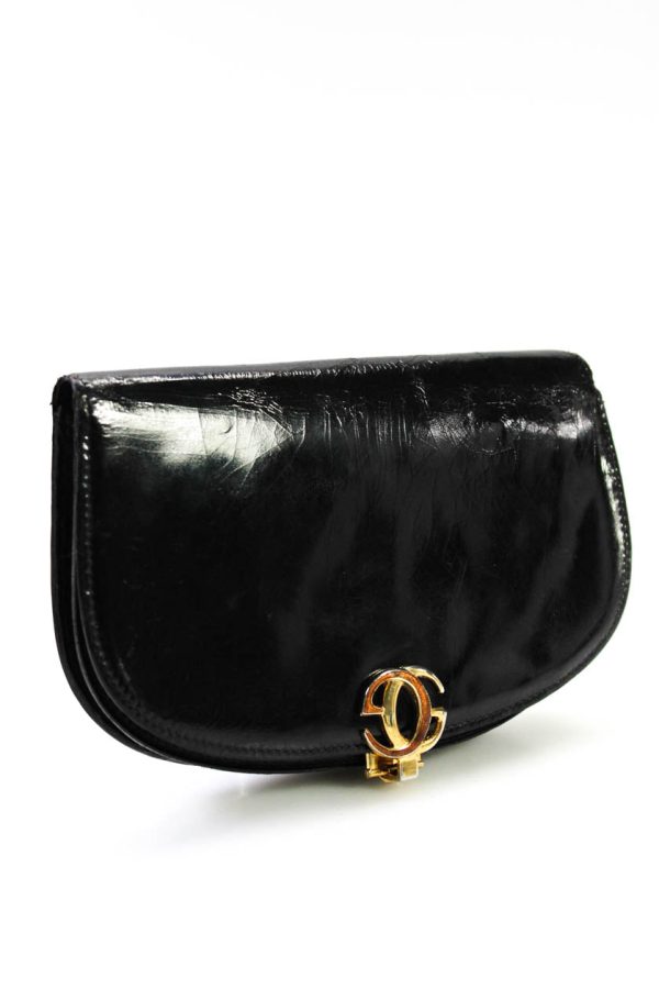 Gucci Womens Leather Double G Accent Clasp Flapped Clutch Handbag Black - Preorder