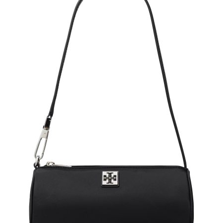 TORY BURCH Structured Black Cylinder Bag with Metallic Logo Plaque - Preorder