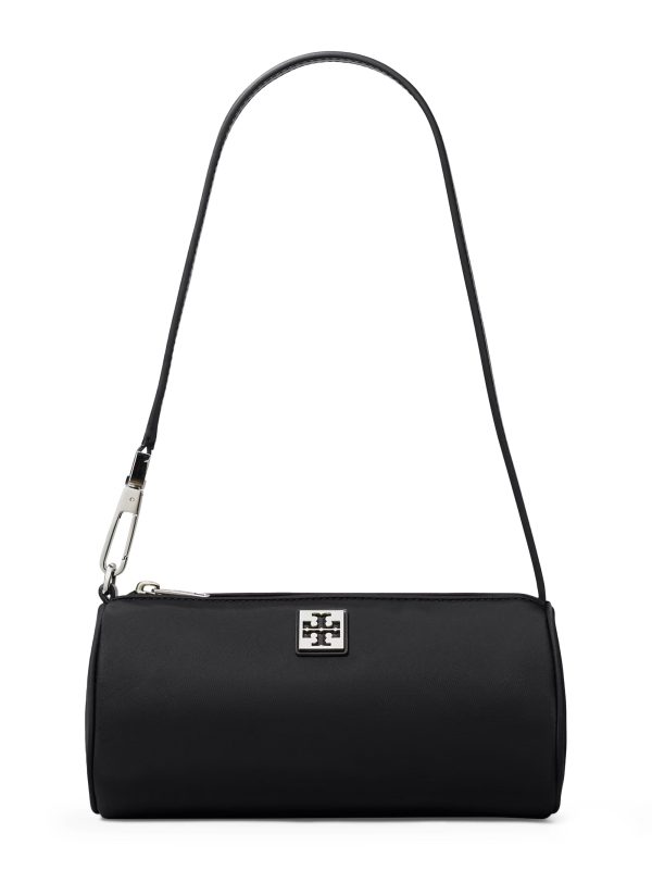 TORY BURCH Structured Black Cylinder Bag with Metallic Logo Plaque - Preorder