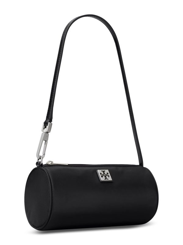 TORY BURCH Structured Black Cylinder Bag with Metallic Logo Plaque - Preorder