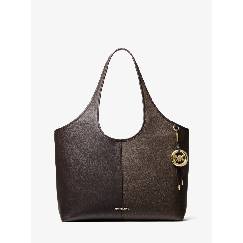 Michael Kors Henly Large Signature Logo and Textured Tote Eggshell Chocolate Vanilla Cream