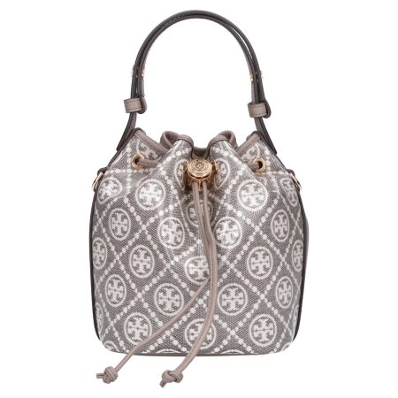 TORY BURCH Grey T Monogram Cotton Canvas Bucket Bag - Preorder