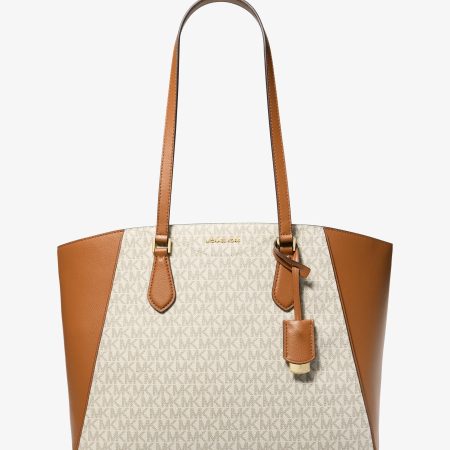 Michael Kors Taryn Large Signature Logo and Leather Tote Bag - Preorder — Vanilla/Acorn