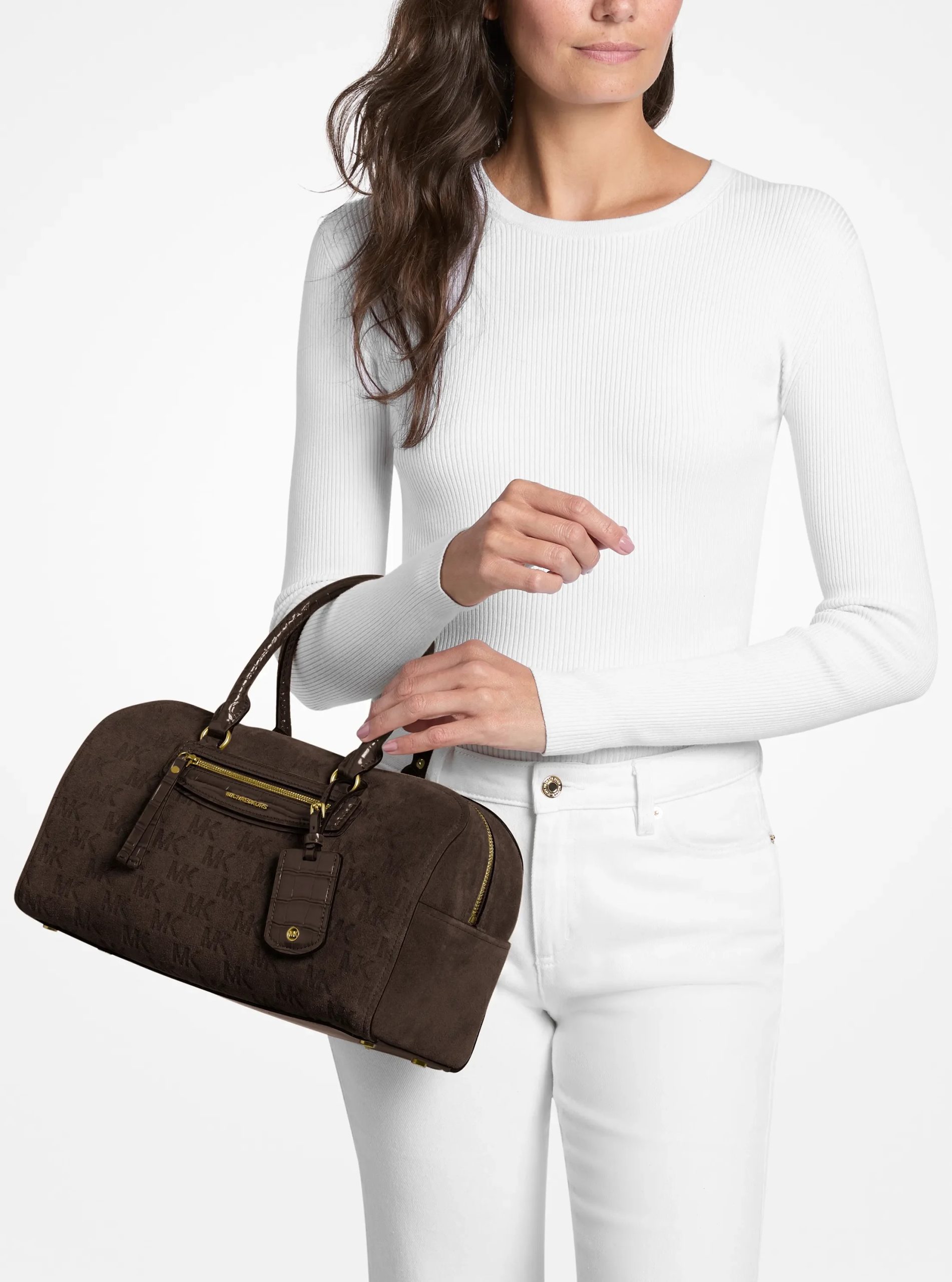Michael Kors Jet Set Travel Medium Logo Embossed Suede Duffel Crossbody Bag - Preorder