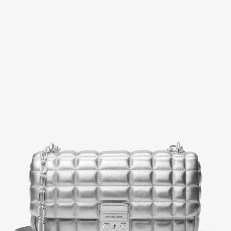 Michael Kors Tribeca Large Metallic Quilted Leather Shoulder Bag - Preorder — Silver