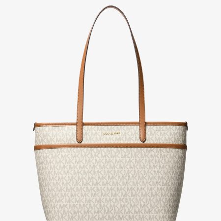 Michael Kors Marlowe Medium Signature Logo Pocket Tote Bag - Preorder — Vanilla/Acorn