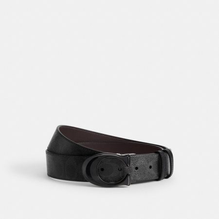 Coach Signature Buckle Cut-To-Size Reversible Belt, 38MM - Preorder — Black Signature/Oxblood