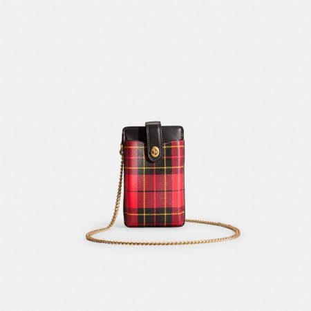 Coach Restored Turnlock Chain Phone Crossbody With Plaid Print - Preorder — Brass/Red Multi
