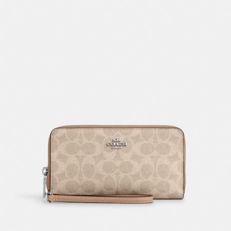 Coach Outlet Long Zip Around Wallet With Detachable Card Case In Signature Canvas - Preorder — Silver/Sand/Taupe