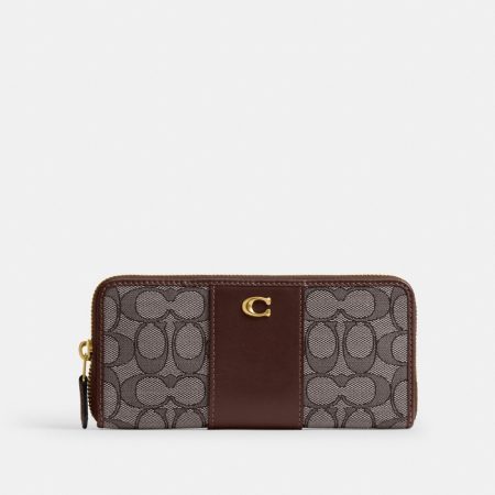 Coach Essential Slim Accordion Zip Wallet In Signature Jacquard - Preorder — Brass/Oak Maple