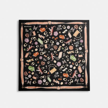 Coach Iconic Motifs Print Silk Square Scarf - Preorder — Black