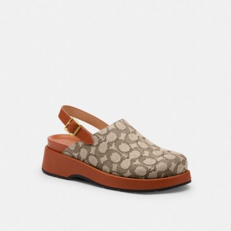 Coach Outlet Sculpted C Platform Clog In Signature Textile Jacquard - Preorder — Cocoa/Burnished Amber