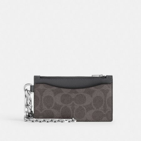 Coach Zip Card Case With Chain In Signature Canvas - Preorder — Grey Signature