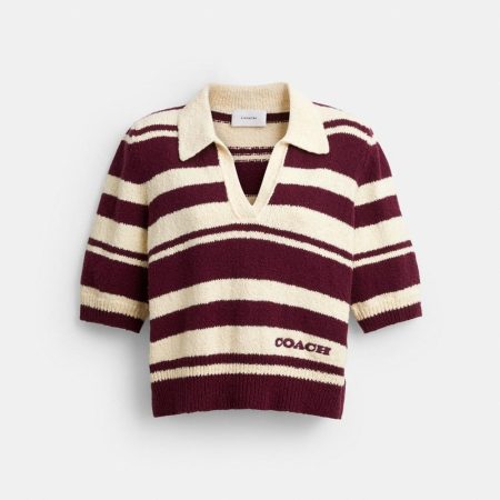 Coach Outlet Striped Knit Polo - Preorder — Burgundy/Ivory