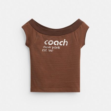 Coach Striped Wide Neck T-Shirt In Organic Cotton - Preorder — Brown